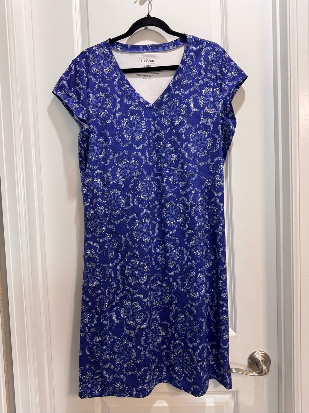 Ll Bean Blue Floral Dress Large Cap Sleeve V-Neck Armpit To Armpit 21” Length40”